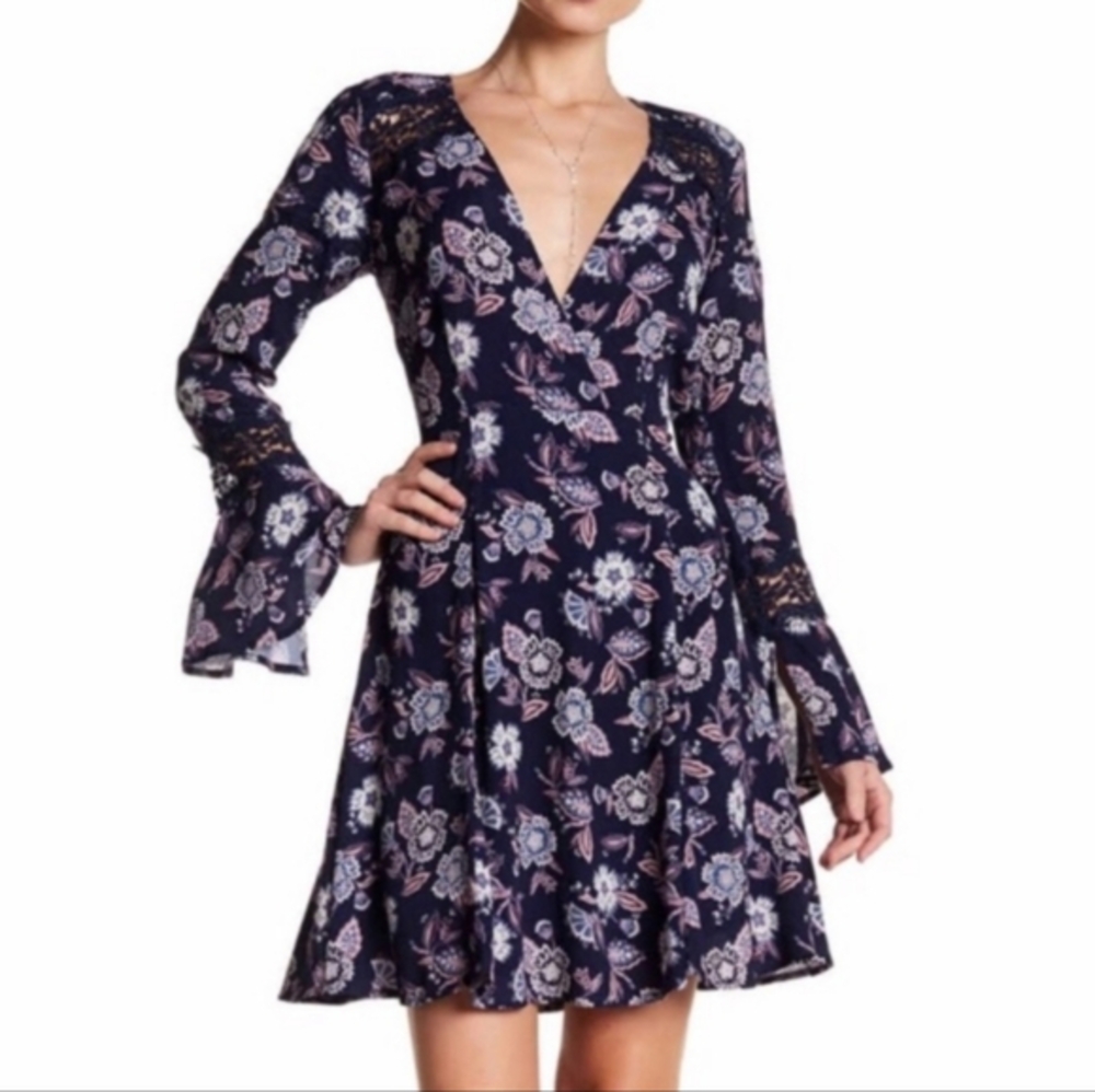 ASTR The Label, Surplus Neckline, Keyhole Back, Lace Inserts, Bell Sleeve Dress